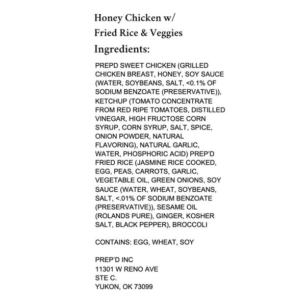 Prep'd Tulsa- Honey Chicken Ingredients